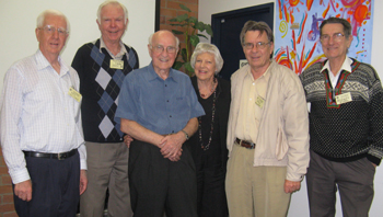Sir Lloyd and Lady Shirley Geering (centre) with members of Lay Forum (from left) Reg Collard, Merv Bengston and Paul Wildman, Rodney Eivers.  Photo courtesy of Reg Collard