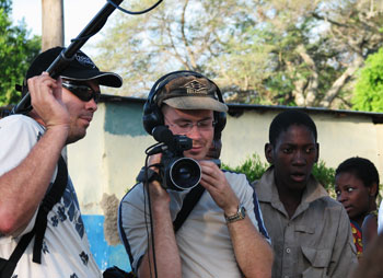 Sound recordist Jason Bray and film maker Russell Brown in Zambia. Photo courtesy of Jason Bray