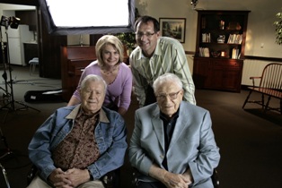 Janine Johnson, Production Assistant and Host Karl Faase with Cliff Barrows and George Beverly Shea