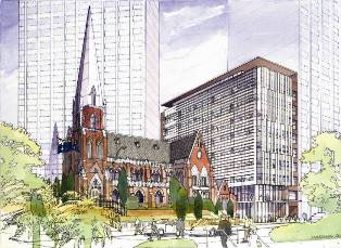 Artist\'s impression of the finished building next to Albert Street Uniting Church