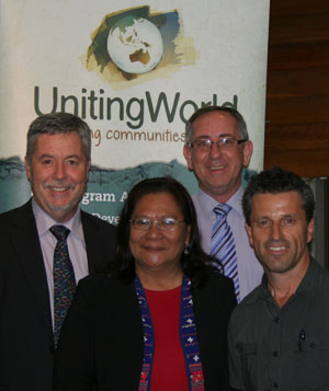 Bruce Mullan, Joy Balazo, Kerry Enright , and Rob Lutton at the UnitingWorld launch at Indoorooplly Uniting Church. Photo by John Harrison
