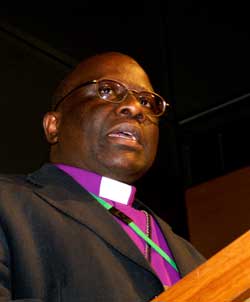 Rev Simbarashe Sithole, Presiding Bishop of the Methodist Church in Zimbabwe, addresses the 12th Assembly of the Uniting Church in Australia in July. Photo by Kim Cain