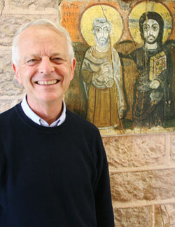 Taize Brother Ghislain with an image used by Taize called ‘The Friendship of Christ’ which depicts Christ on the journey with each of us