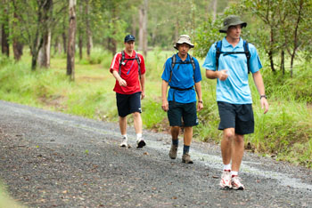 Dave Carnell (front), Andrew Sav and Andrew Carnell (back) train for their 2000km walk to raise money for Bible translations. Photo by Trent Rouillon