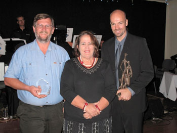 Burke Shire Mayor Annie Clark, centre, with Order of the Outback Award recipients Garry Hardingham, left, and Simon Steele, right. Photo courtesy of the Burke Shire Council
