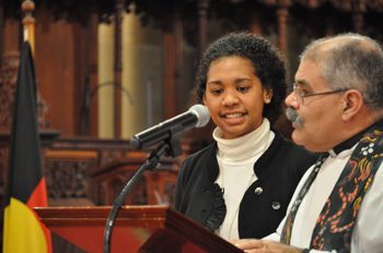Georgia Corowa and Rev Bruce Boase at the reconciliation service at St John’s Cathedral in June.