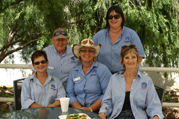 The Frontier Service team (from left) Barb Hawes, Peter Harvey, Di Sherman, Anna Burley and Jeannie Brook at “Let’s do Lunch”. Photo courtesy of Rebecca Beisler.