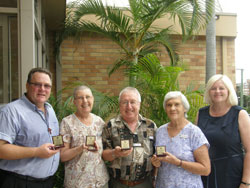 Rev Collin Batt, Dulcie and Neville Free, Bobbie Matheson and Karen Andrews MP. Photo by Barbra Fullham