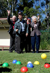 Dr Tim Henwood, from the University of Queensland and Blue Care Research and Practice Development Centre joins Blue Care Respite Care clients in Brisbane for a morning of bocce and crochet. Photo courtesy of Blue Care