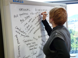 Tilly Jarvis from the UnitingCare Centre for Social Justice adds her comments for the Pledge Wall. Photo courtesy of Dot King