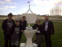 Ben Webb, Joanne Lee, Benton Wecker, Senator Claire Moore,and Gary Truloff join the toilet queue in Canberra. Photo courtesy of Ben Webb
