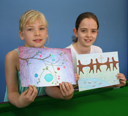 Finn Jewell and Gillian Watson with their artworks which will feature in the 2012 Synod calendar. Photo by Holly Jewell