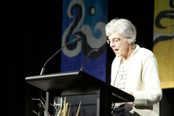 Rev Dr Norma Spear does a Bible reading at the induction of Rev Kaye Ronalds as Moderator in October. Photo by Osker Lau