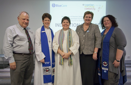 Bremer Brisbane Presbytery Minister Rev David Baker, Moderator Rev Kaye Ronalds, Blue Care Director of Mission Rev Heather den Houting, UnitingCare Queensland CEO Anne Cross, and UnitingCare Queensland Director of Mission Colleen Geyer celebrate Ms Den Houting’s induction. Photo by Osker Lau