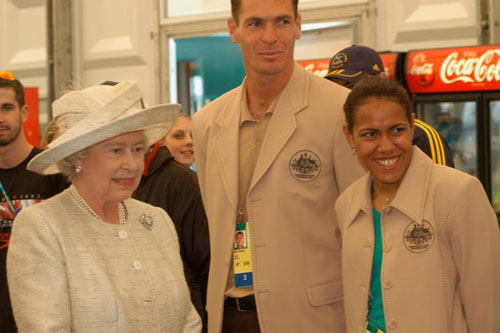 Decathlete Matthew McEwen and sprinter Cathy Freeman meet the Queen in Manchester in the lead-up to the 2002 Commonwealth Games. Photo courtesy of Matthew McEwen