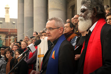 President Rev Prof Andrew Dutney and Rev Rronang Garrawurra lead the prayer vigil on the steps of South Australian Parliament, Wednesday 18 July 2012