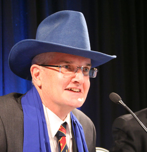 Newly installed President, Rev Prof Andrew Dutney, shows his sense of humour and good nature as he chairs the 13th Assembly meeting