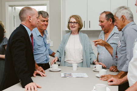 Queensland Premier Campbell Newman, Men’s Shed members John Andersen, Rod Cottle, and Alex Pope, with Blue Care Rangeview Service Manger Caroline McCormack (centre).