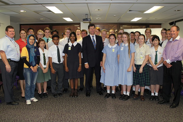 Pastoral Care Manager and School Internship Program Manager Rev Murray Fysh (left), Lawrence Springborg, Minister for Health (centre), and Richard Royle, Executive Director, UnitingCare Health (right), with students from The Wesley School Internship Program.
