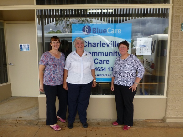 (L-R) Blue Care Assistant Multi-Service Manager Kelli Partridge, Blue Care Service Manager Mary Dunne and Blue Care Multi-Service Manager Sue Harrison outside the centre in Charleville.