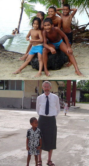 Top: Tulaluan children preparing to steal another Palagi's heart. Photo by Dr Mark Hayes. Bottom: Dr Mark Hayes wears a Sulu to church.