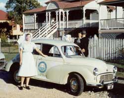 First Wynnum Blue Nurse Sister Wilma Kleindienst with the Morris car