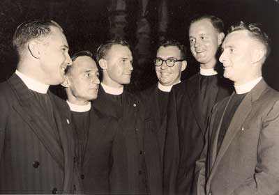 The ordinands in 1957 (from left) Rev Reg Hirche, Rev Alan Hartshorn, Rev Doug Mitchell, Rev Graham Ross, Rev Paul Trigge and Rev Colin Baxter
