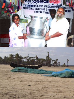 Top: Moggill UC's rice donation  is much appreciated. Photo courtesy of Deva Sugirtharaj. Below: Boats and nets run aground after the tsunami. Photo courtesy of Satya Yerramsetti 