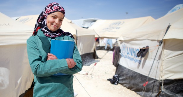 Hana, 16, in the Za’atari refugee camp, wearing the uniform supplied to her by Act for Peace’s partner in Jordan, International Orthodox Christian Charities (IOCC)