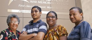 Vebui Bala with family members (L–R) Paia Ingram, Kinibo Bala and Lilly Manega in front of St Andrew's war memorial hospital.