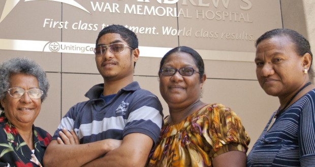 Vebui Bala with family members (L–R) Paia Ingram, Kinibo Bala and Lilly Manega in front of St Andrew's war memorial hospital.