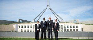 Rev Elenie Poulos, Rev Rronang Garrawurra, Rev Dr Andrew Dutney and Rev Terence Corkin in front of Parliament House, Canberra.