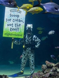 American company Ben and Jerry's ice cream support the World Wildlife Fund's save the reef campaign by posing under water.