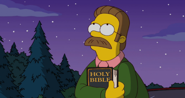 Ned Flanders from The Simpsons holding a Bible and looking up at the night sky.