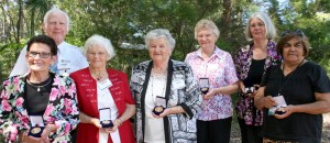 (Left to right) Shirley Wyatt, Don Leckenby, Doreen Coker, Joyce Cunningham, Melva Bryant, Jane Frazer Cosgrove and Aunty Jean Phillips with their awards. Photo by Holly Jewell.