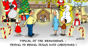 December cartoon of a house decorated with Christmas lights with a nativity scene centred. Cartoon by Phil Day.