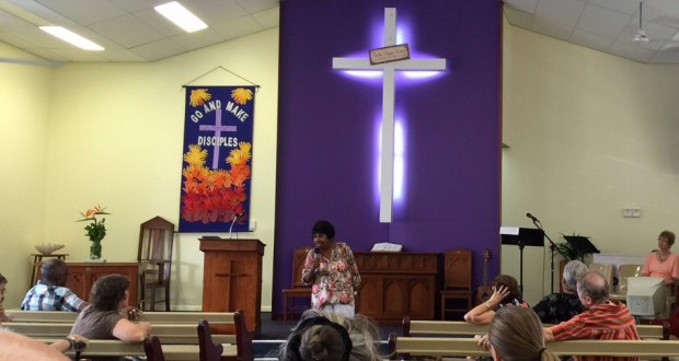 Special guest Pat Morgan sings at the combined Calvary-North Queensland Presbytery service in Townsville.