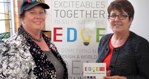 UnitingCare Queensland director of mission Colleen Geyer (left) with Edge 2015 guest speaker Vicki Webster (right). Photo by Ashley Thompson.