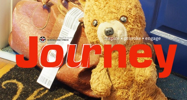 March Journey 2016 masthead. Worn teddy with a old bag on a welcome mat.