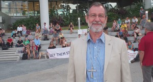 Uniting Church president Stuart McMillan at the rally outside Lady Cilento hopsital, South Brisbane. Photo: Holly Jewell
