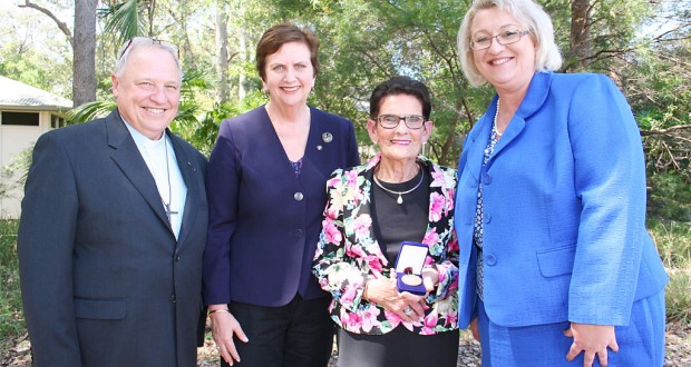 Uniting Church in Queensland moderator David Baker, UnitingCare Queensland CEO Anne Cross, 2014 Moderator’s Community Service Medal recipient Shirley Wyatt and Maria Maloney, Wesley Hospital volunteer manager. Photo: Holly Jewell