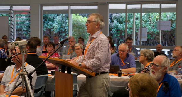 Bruce Johnson addresses the 32nd Synod presbytery Q&A panel. Photo by Ben Rogers.