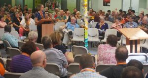 Rev Linda Hanson addresses her concerns regarding the 2016–2020 priority directions to the 32nd Synod. Photo by Mardi Lumsden.