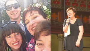 Julie McCrossin with her partner Melissa Gibson and their children Luke and Amelia Woods (left) & hosting the Q&A panel discussion during UnitingWomen 2016 (right). Photos: Supplied