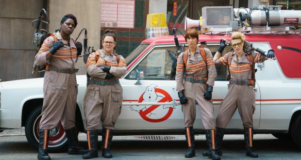 (L—R) Leslie Jones, Melissa McCarthy, Kristen Wiig and Kate McKinnon star in the all-female remake of Ghostbusters (2016). Photo property of Sony Pictures.