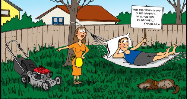 Cartoon of a husband lying on a hammock on the Sabbath and his wife pointing to a mower. By Phil Day.